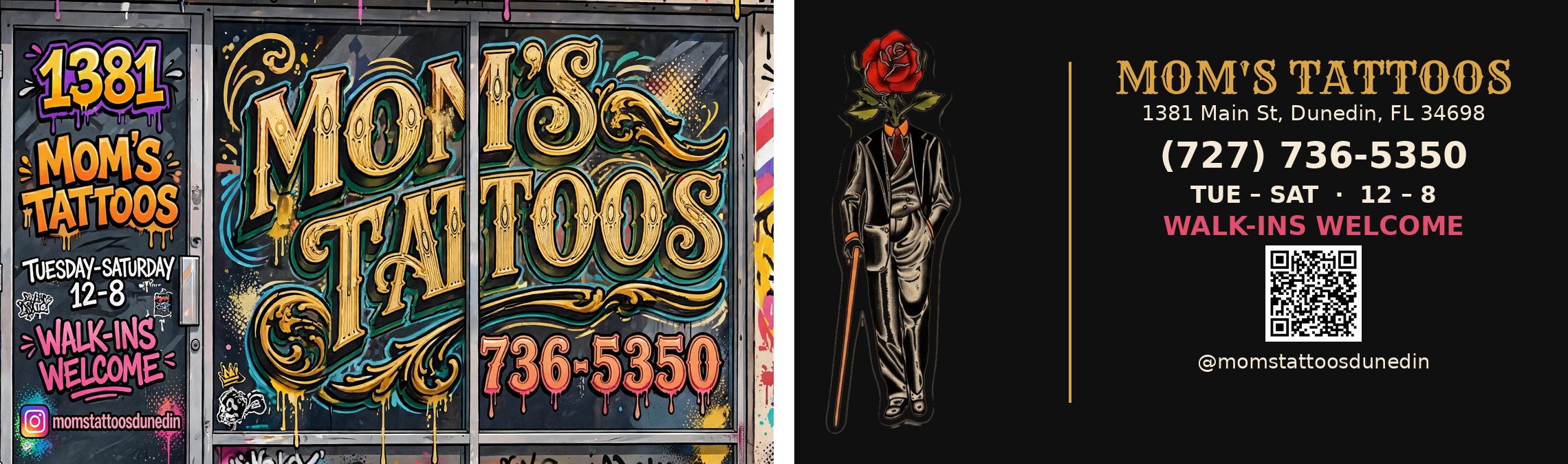 Custom business card designed for Mom's Tattoos &mdash; front and back