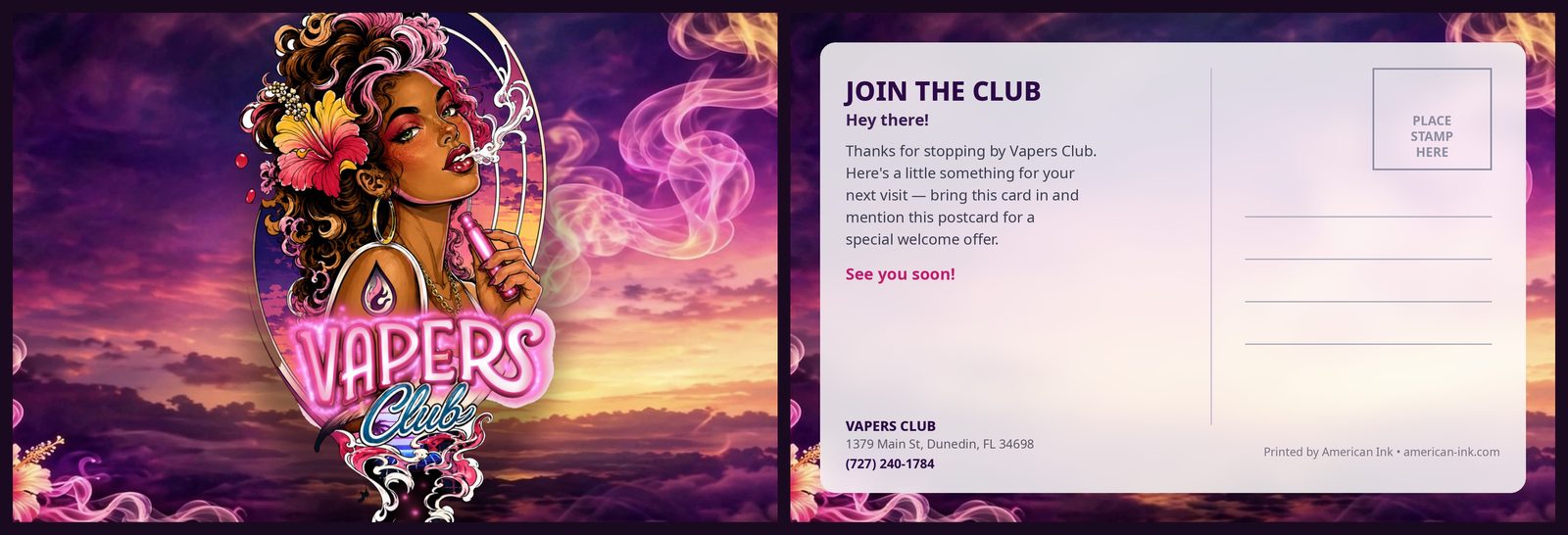Custom 6 by 4 inch postcard designed and printed for Vapers Club &mdash; front and back